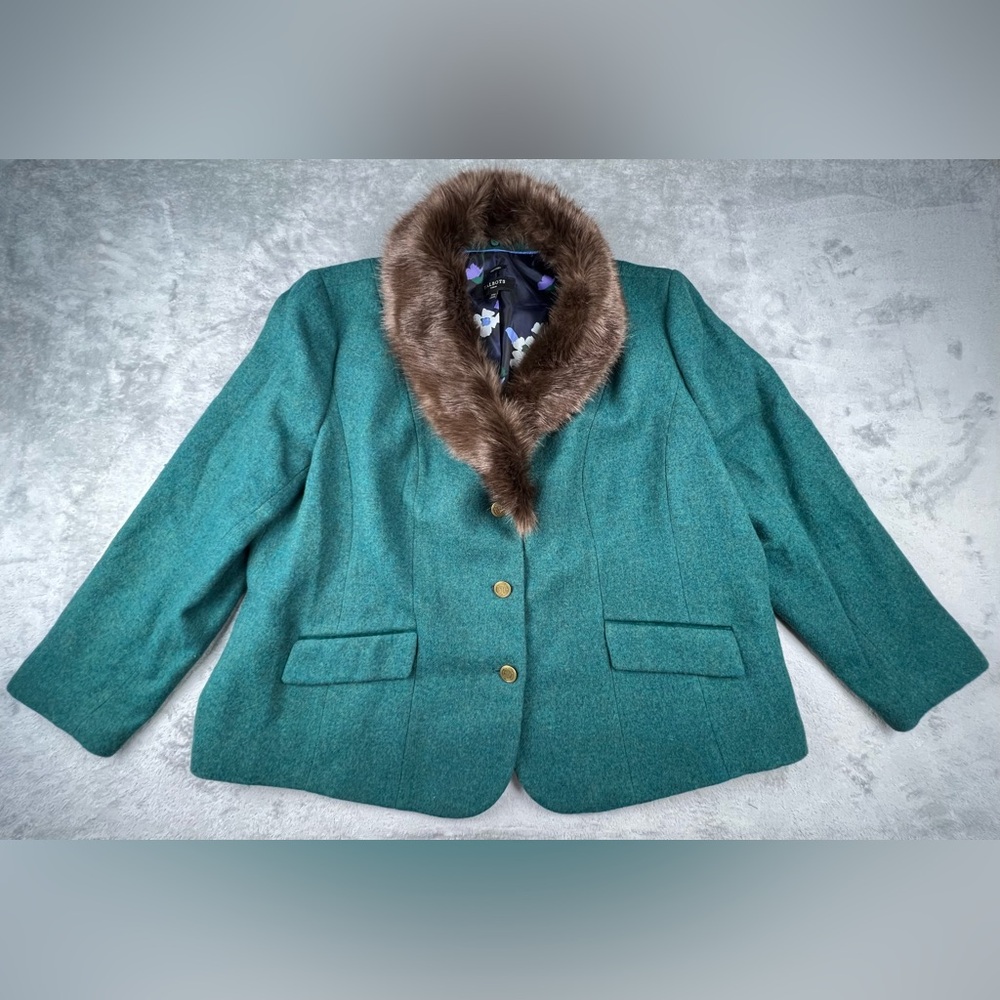 Talbots Womens Aberdeen Jacket Blazer Size 24W Plus Green Faux Fur Collar Wool